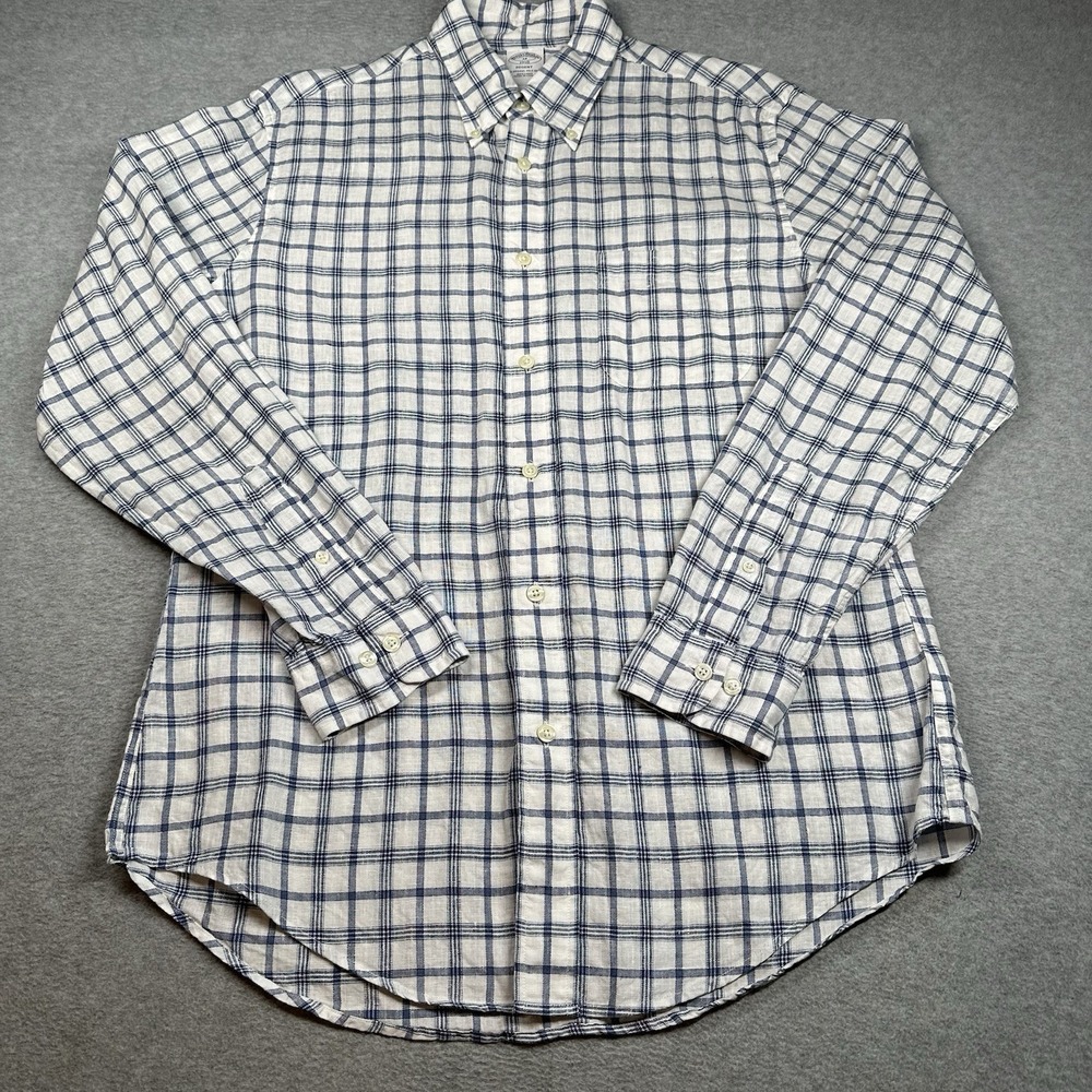 Brooks Brothers 1818 Regent 100% Linen Button-Down Shirt Men's‎ M Plaid White